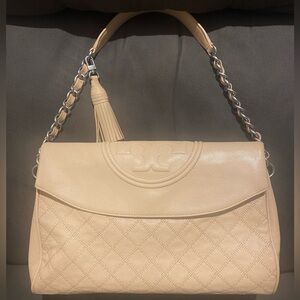 EUC TORY BURCH Fleming Distressed Leather Fold-Over Hobo Shoulder Purse CREAM